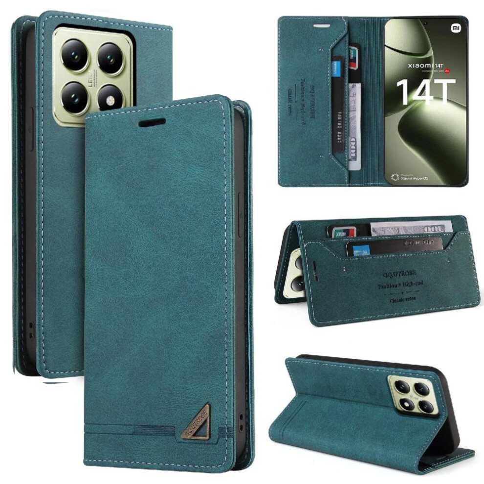 (Green) Flip Case For Xiaomi 14T Premium Leather Two Card Slots Premium Leather Kickstand Green 764563473830