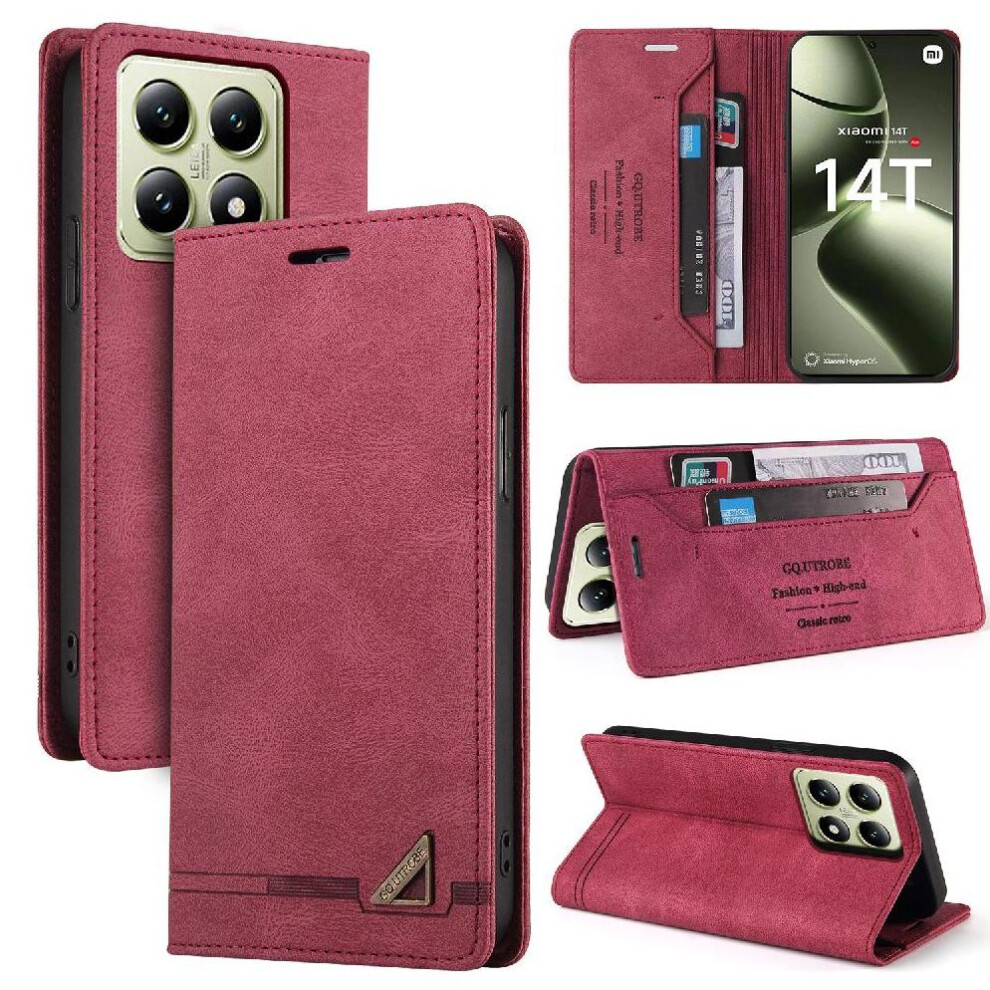 (Red) Flip Case For Xiaomi 14T Premium Leather Two Card Slots Premium Leather Kickstand Red 764563473854