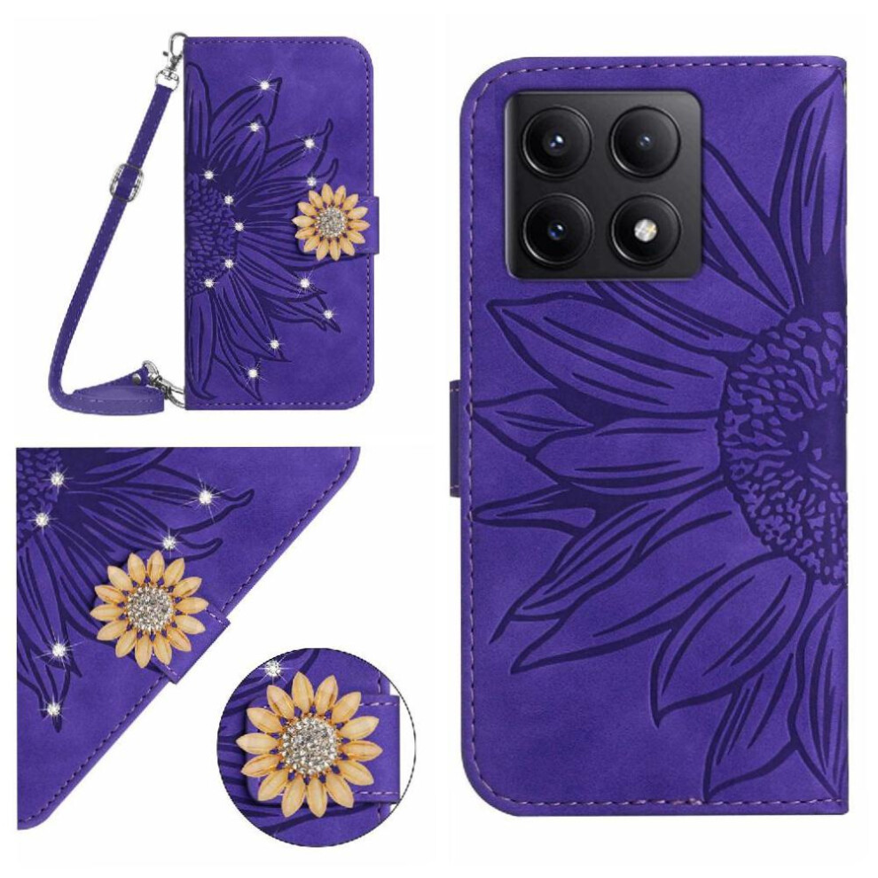 ( Violet) Case For Xiaomi 14T With Card Slot Stand Kickstand Protective Leather Wallet Sunflower With A Long Lanyard Light 764563474103