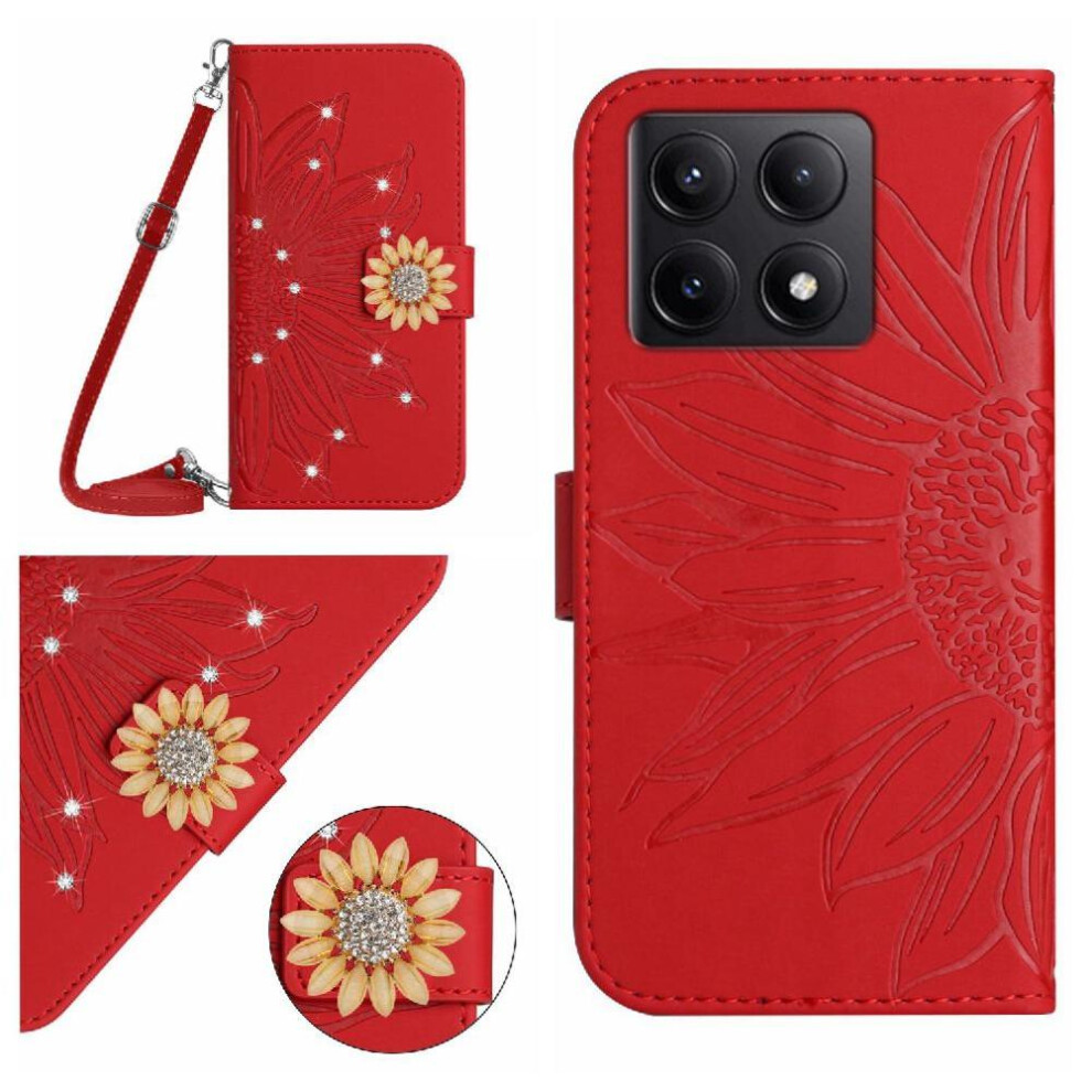 (Red) Case For Xiaomi 14T With Card Slot Stand Kickstand Protective Leather Wallet Sunflower With A Long Lanyard Red 764563474097
