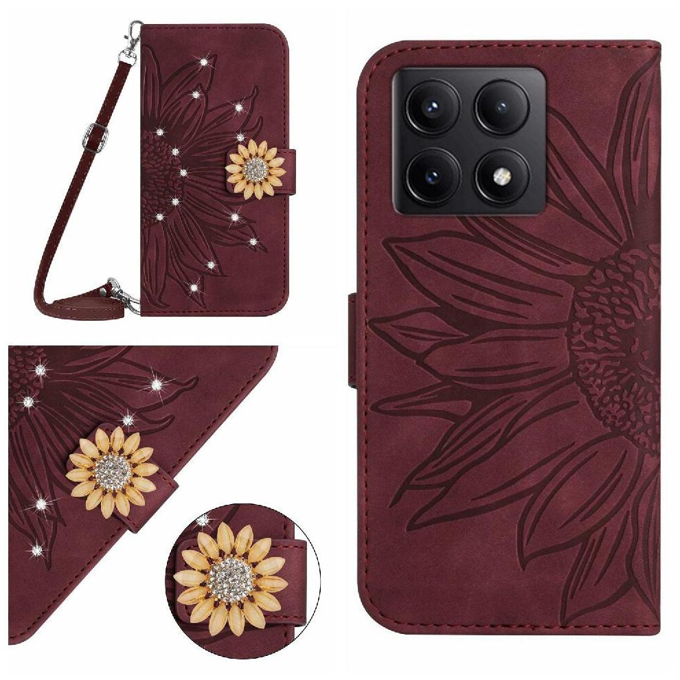 (Brown) Case For Xiaomi 14T With Card Slot Stand Kickstand Protective Leather Wallet Sunflower With A Long Lanyard Brown 764563474127