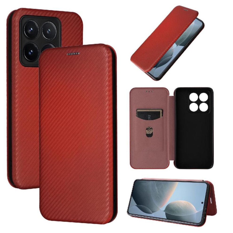 (Brown) Flip Case For Xiaomi 14T Full Protection With Card Holder Kickstand Magnetic Carbon Fiber Leather Folio Flip Case Card Insertion Brown 764563475018