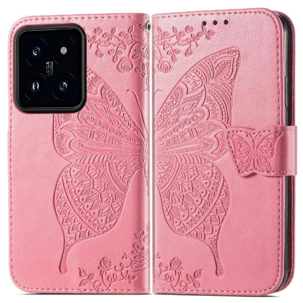 (Pink) Case For Xiaomi 14T Pro Wallet Business Butterfly Wing Multi-Color Pink 764563475803