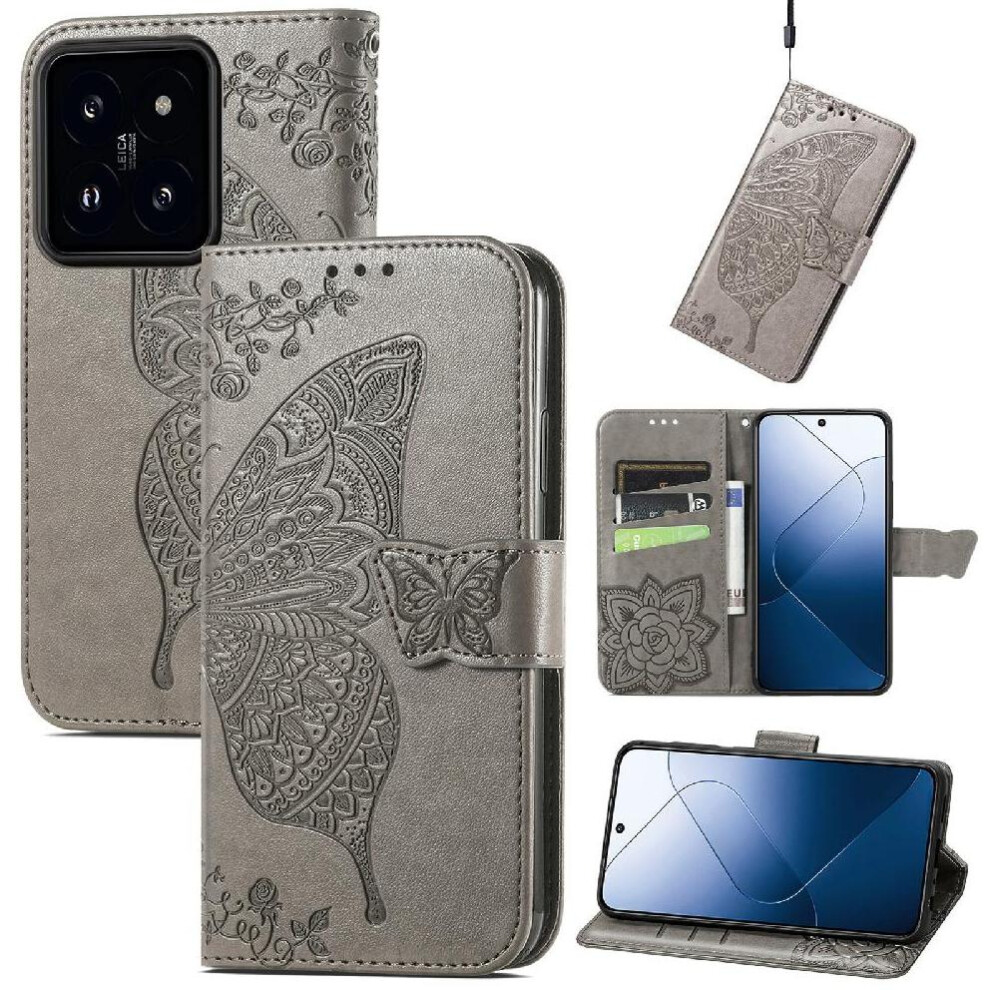 ( ) Case For Xiaomi 14T Pro Wallet Business Butterfly Wing Multi-Color Gray 764563475865