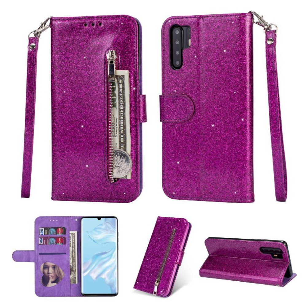 (Purple) Zipper Pocket Case For Huawei P30 Pro Pu Leather Magnetic Closure Glitter Wallet Case Card Holder Wrist Strap Purple 764563476114