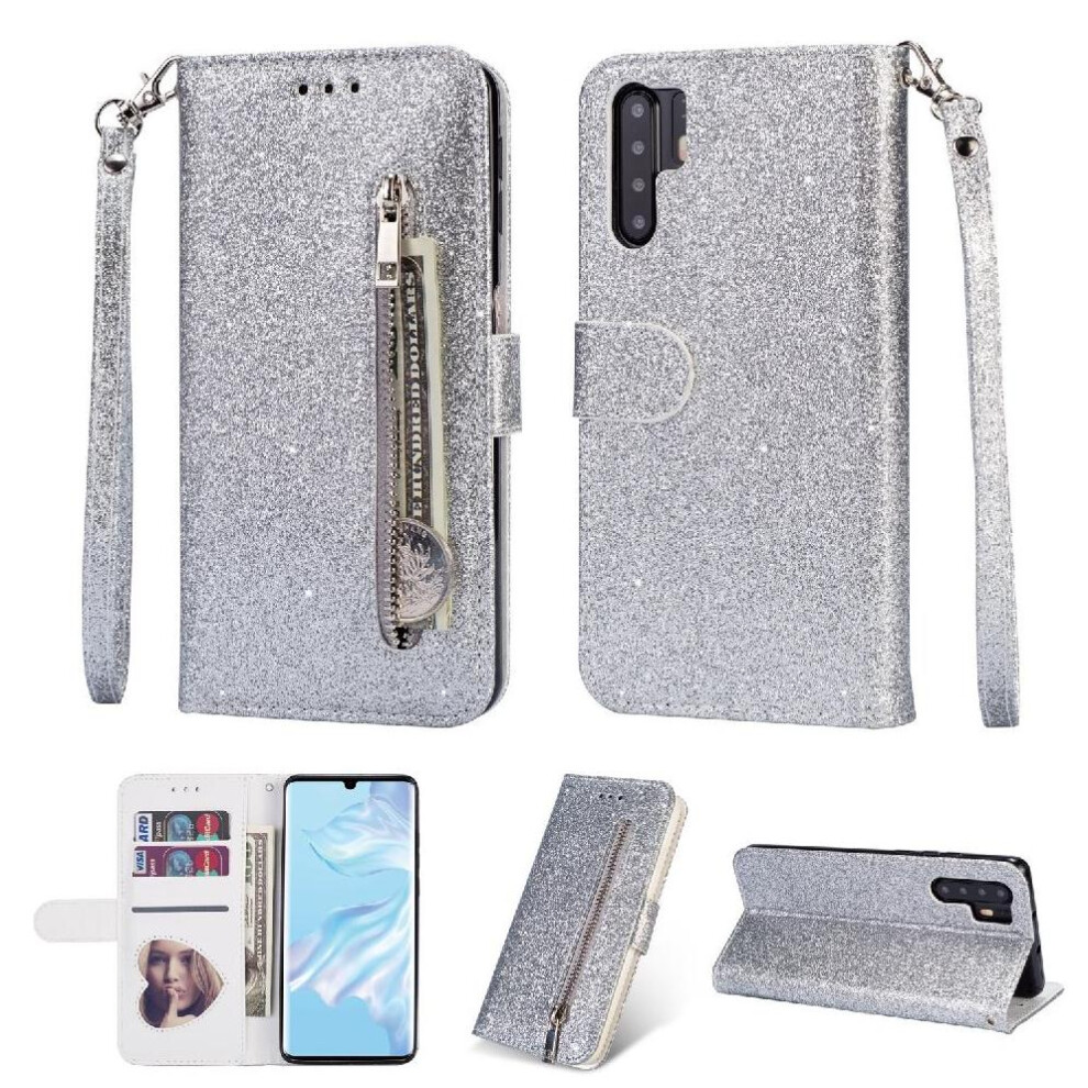 (Silver) Zipper Pocket Case For Huawei P30 Pro Pu Leather Magnetic Closure Glitter Wallet Case Card Holder Wrist Strap Silver 764563476077