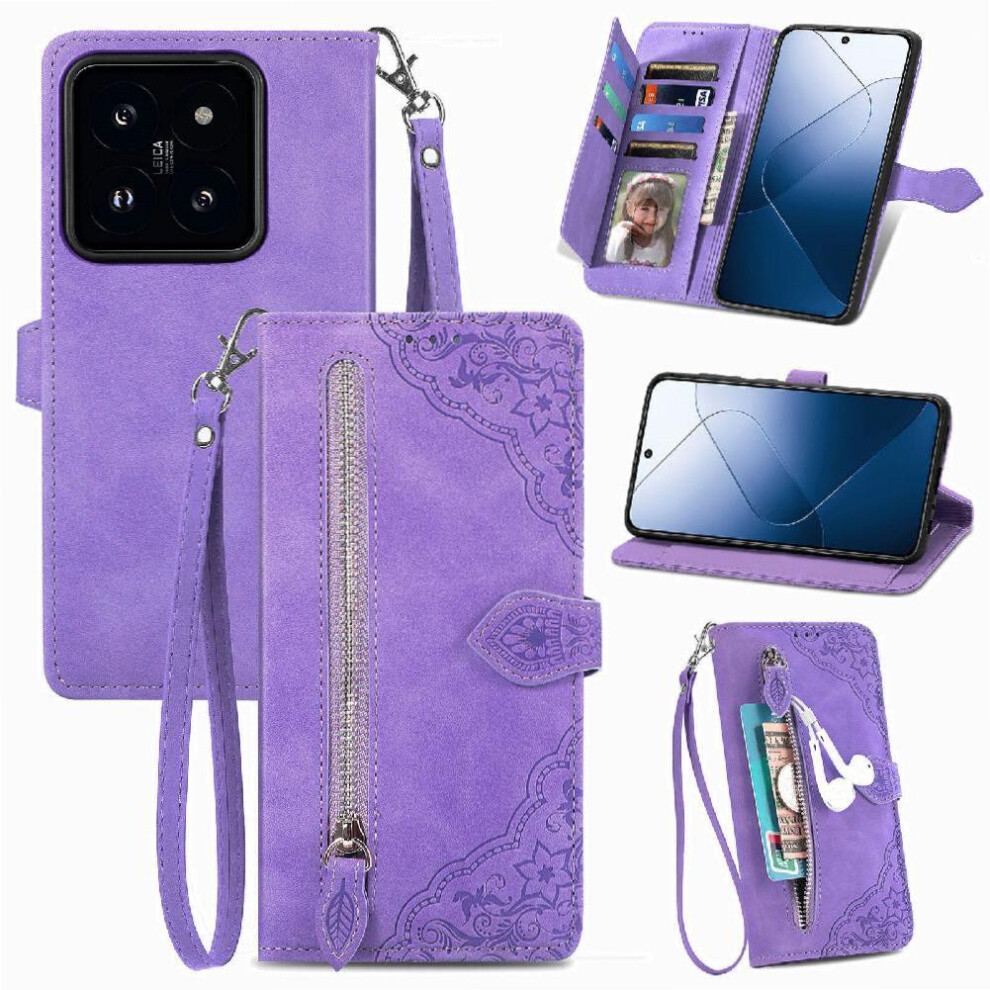 (Purple) Case For Xiaomi 14T Multi-Card Slot Wallet Flip Zipper Style Multi-Color Business Purple 764563476503