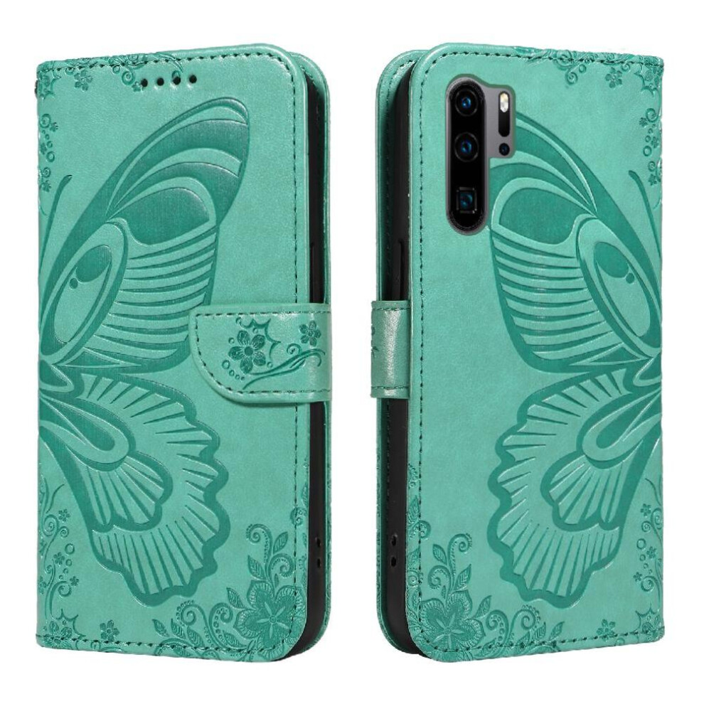 (Green) Flip Case For Huawei P30 Pro High Quality Leather Detachable Hand Strap Embossed Butterfly With Credit Card Slot Green 764563477081