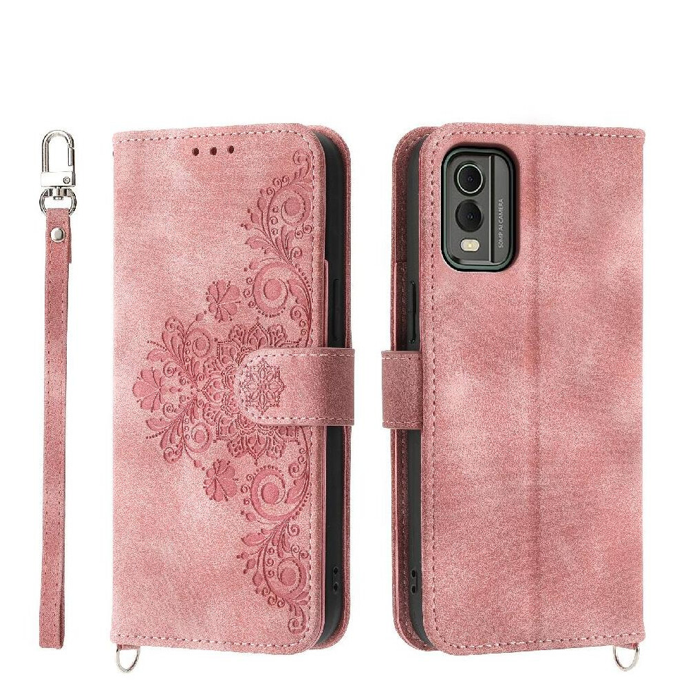 (Pink) Flip Case For Nokia C32 Embossed Wristband Shockproof Multiple Credit Card Slots Pink 764563477319