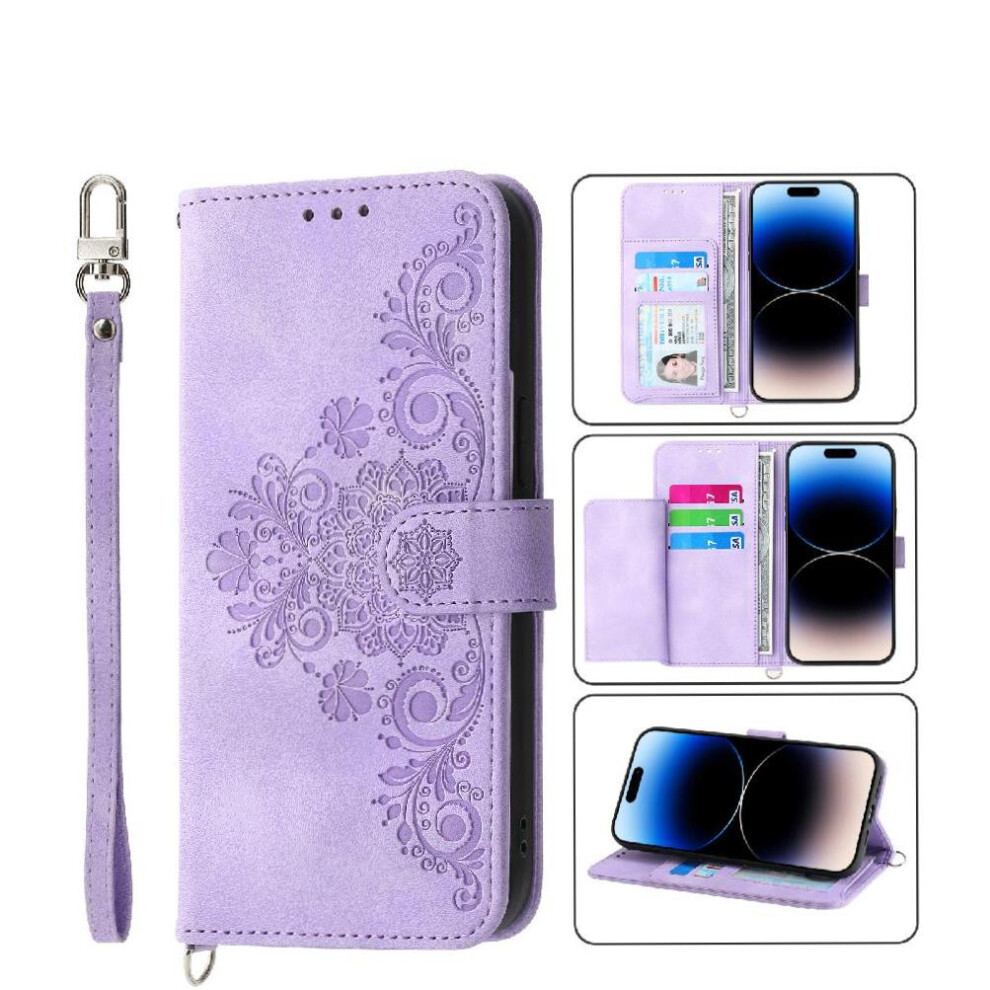 (Purple) Flip Case For Nokia C32 Embossed Wristband Shockproof Multiple Credit Card Slots Purple 764563477302
