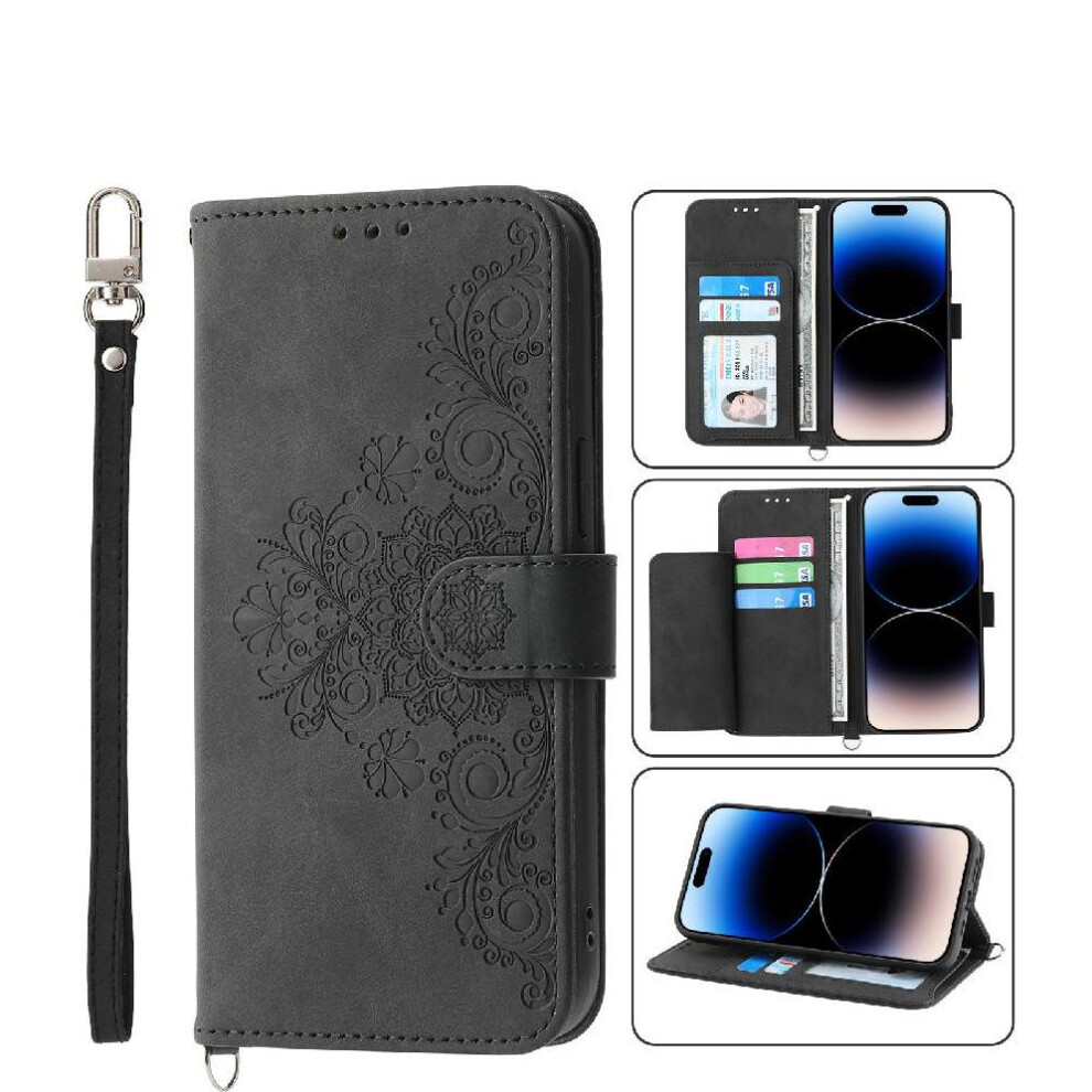 (Black) Flip Case For Nokia C32 Embossed Wristband Shockproof Multiple Credit Card Slots Black 764563477340