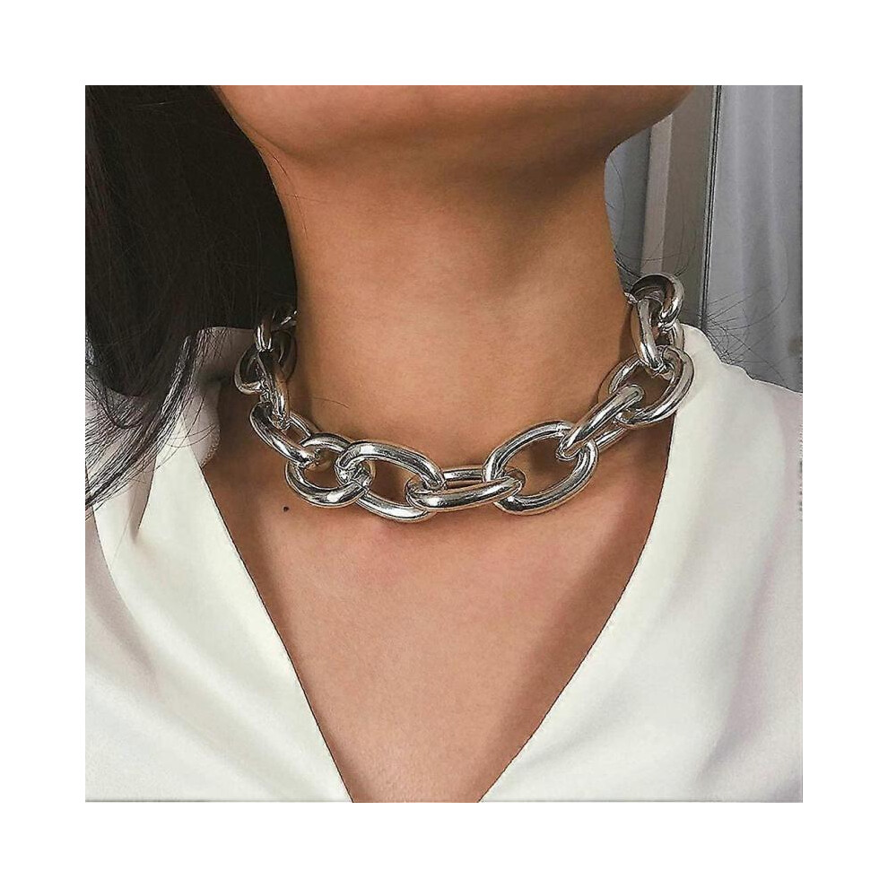 Chunky Choker Necklace Cuban Link Chain Necklaces Thick Necklace Chain Punk Jewelry Adjustable for Women and Girls (Silver chain)