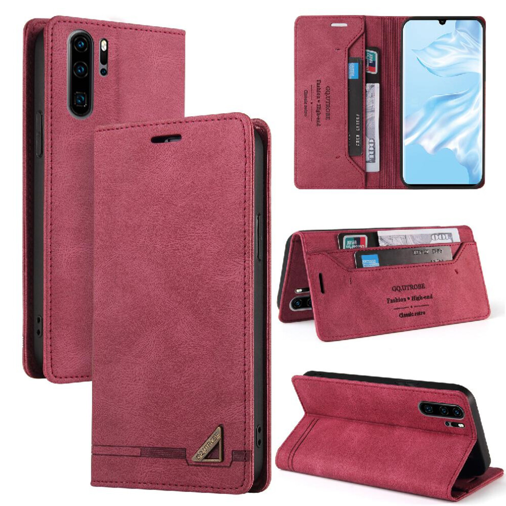 Photos - Case   For Huawei P30 Pro Premium Leather Kickstand Two Card Slots Premium Leather(Red)
