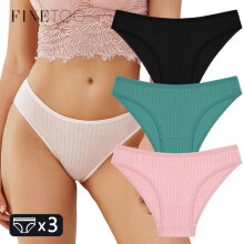 (Set 4, 3PCS) 3pcs Cotton Panties Soft Striped Underpants Sexy Solid Color Briefs