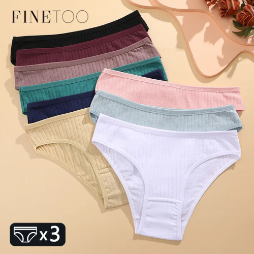 (Set 4, 3PCS) 3pcs Cotton Panties Soft Striped Underpants Sexy Solid Color Briefs 1