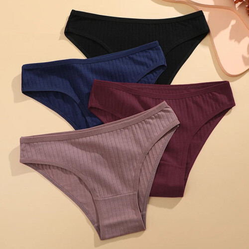 (Set 4, 3PCS) 3pcs Cotton Panties Soft Striped Underpants Sexy Solid Color Briefs 2