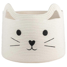 Foldable Cotton Rope Storage Basket Storage Box Cute Cat Pattern Storage Bin for Kid's Room, Baby Toys, Accessories - White