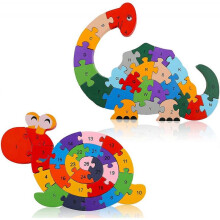 2Pcs Wooden Animal Puzzles, Alphabet Jigsaw Puzzle Building Blocks Alphabet Animal Puzzle for Children Toddlers-Snail& Dinosaur