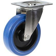 Rueda giratoria de acero inoxidable de 125 mm con goma elástica azul sobre rueda central de nailon