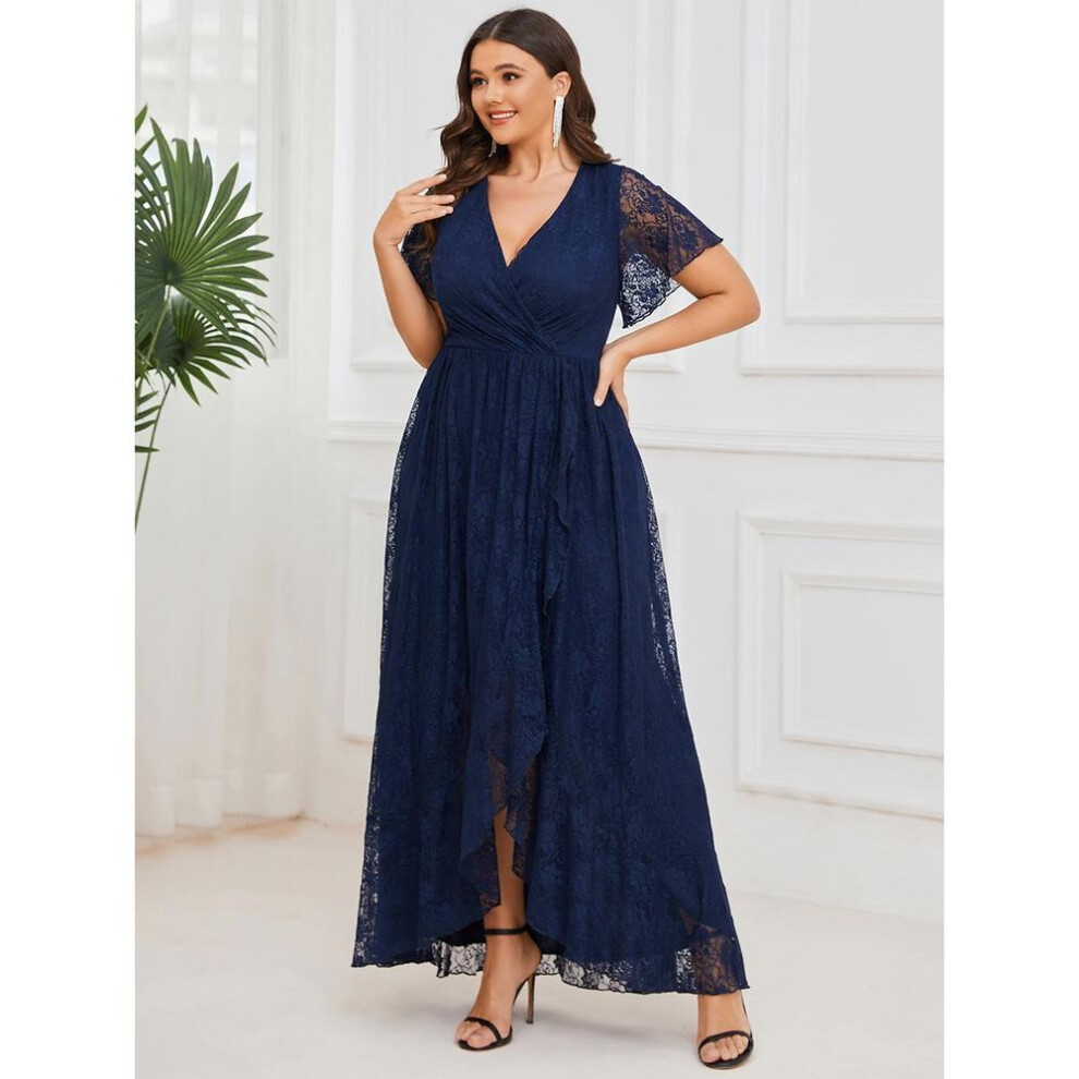 (navy blue, M) Ever-pretty Women&apos;s Deep V Neck Short See Through Sleeves A Line Evening Dresses Plus Size