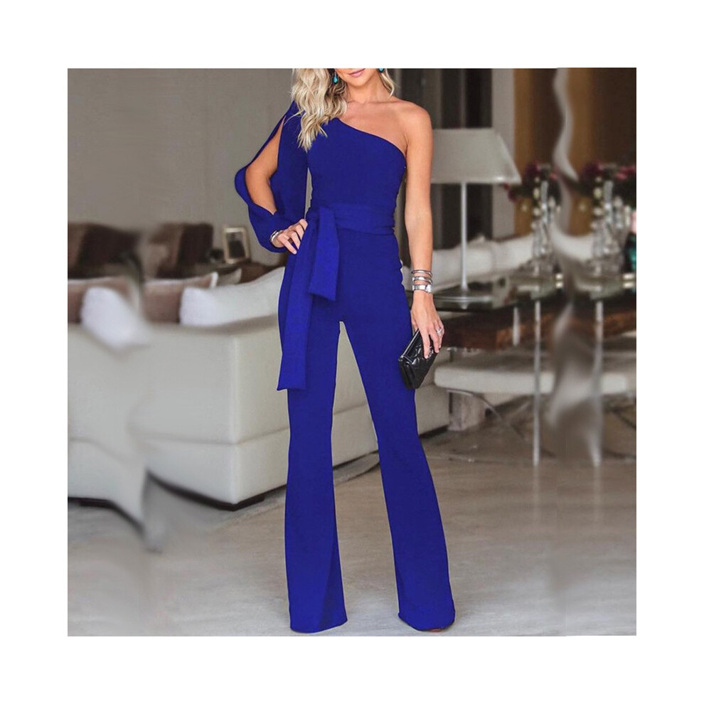 (Blue, XL?Tag XL=US M?) Tied Women Waist Flared Jumpsuits Fashion One Shoulder Jumpsuits Rompers Sexy-image-OPC-PH5SBHW-NEW