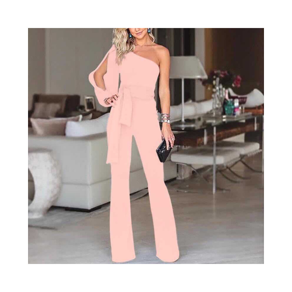 (Pink, S?Tag S=US XXS?) Tied Women Waist Flared Jumpsuits Fashion One Shoulder Sexy Jumpsuits Rompers-image-OPC-PH5SCM8-NEW