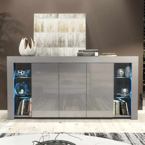 Creative Furniture Eden 164cm Sideboard LED with Dark Grey Gloss Doors - E115CR | 3 Doors, Glass Shelves, Cable Access, LED Lighting 2