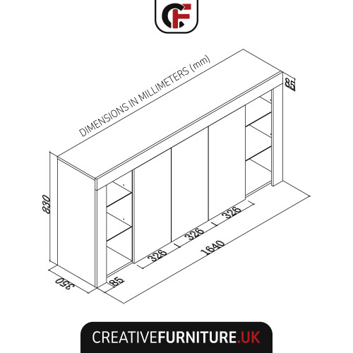 Creative Furniture Eden 164cm Sideboard LED with Dark Grey Gloss Doors - E115CR | 3 Doors, Glass Shelves, Cable Access, LED Lighting 1