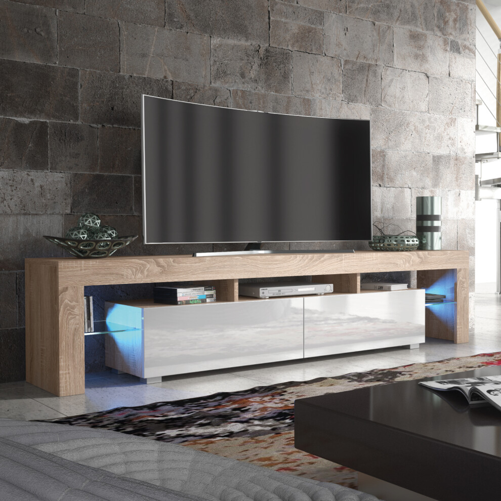 Nova 200cm TV Unit LED - Oak & White Gloss Doors