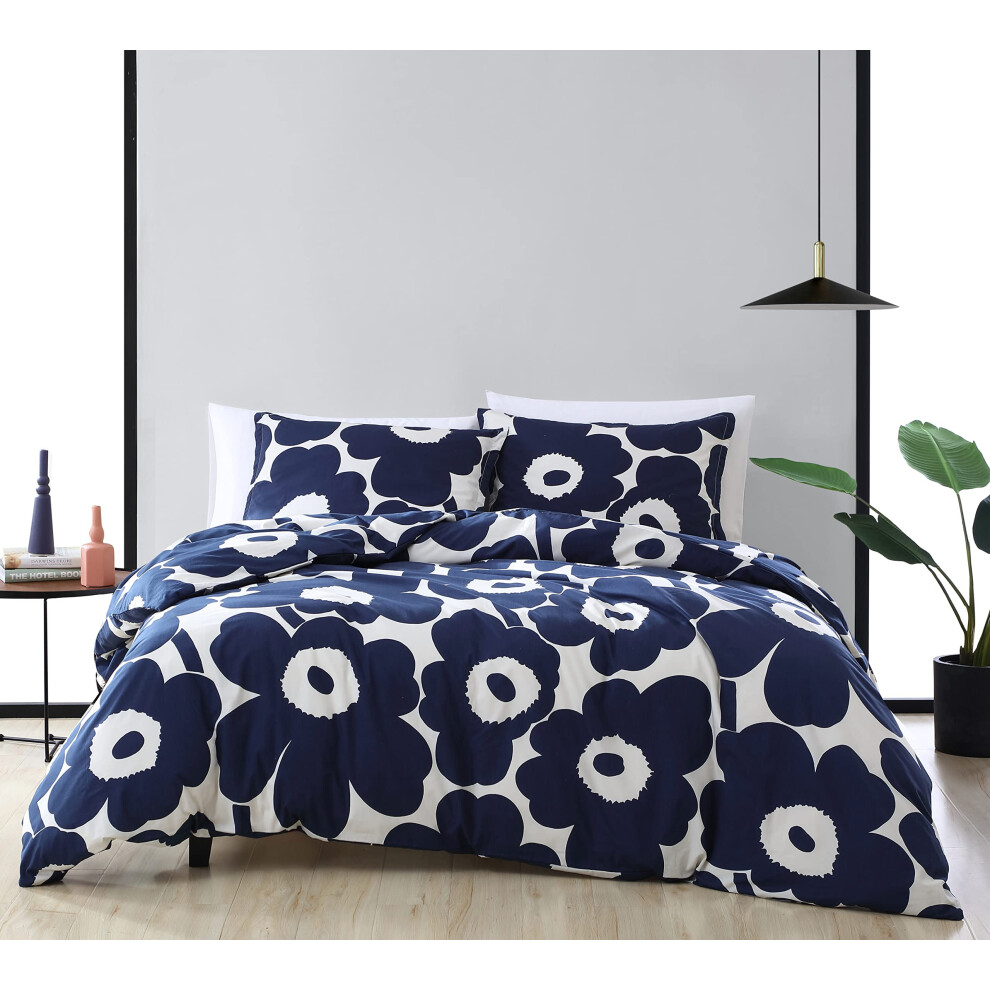 MARIMEKKO - Parure de lit Queen Size en coton avec housses assorties et fermeture     bouton, d   coration d'int   rieur toutes saisons (Unikko Indigo