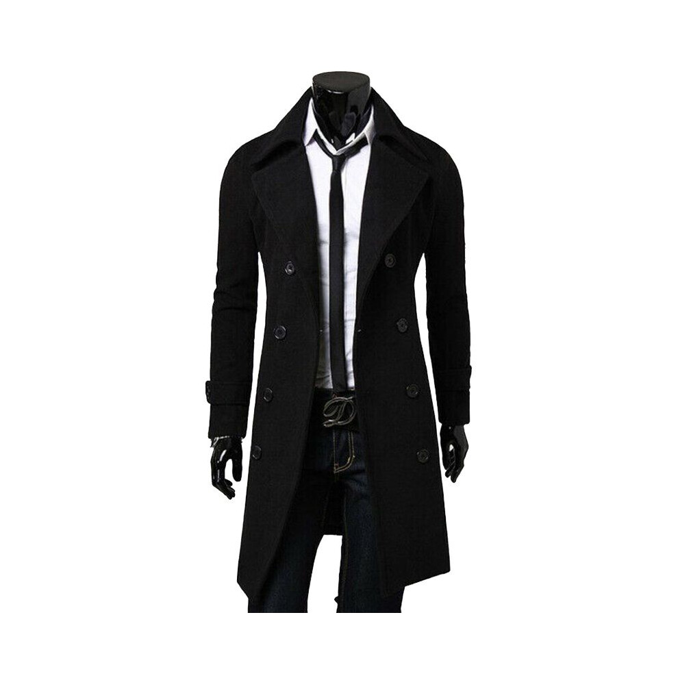 (Black, M) Warm Winter Mens Wool Trench Coat Double Breasted Overcoat Jacket Long Outwear