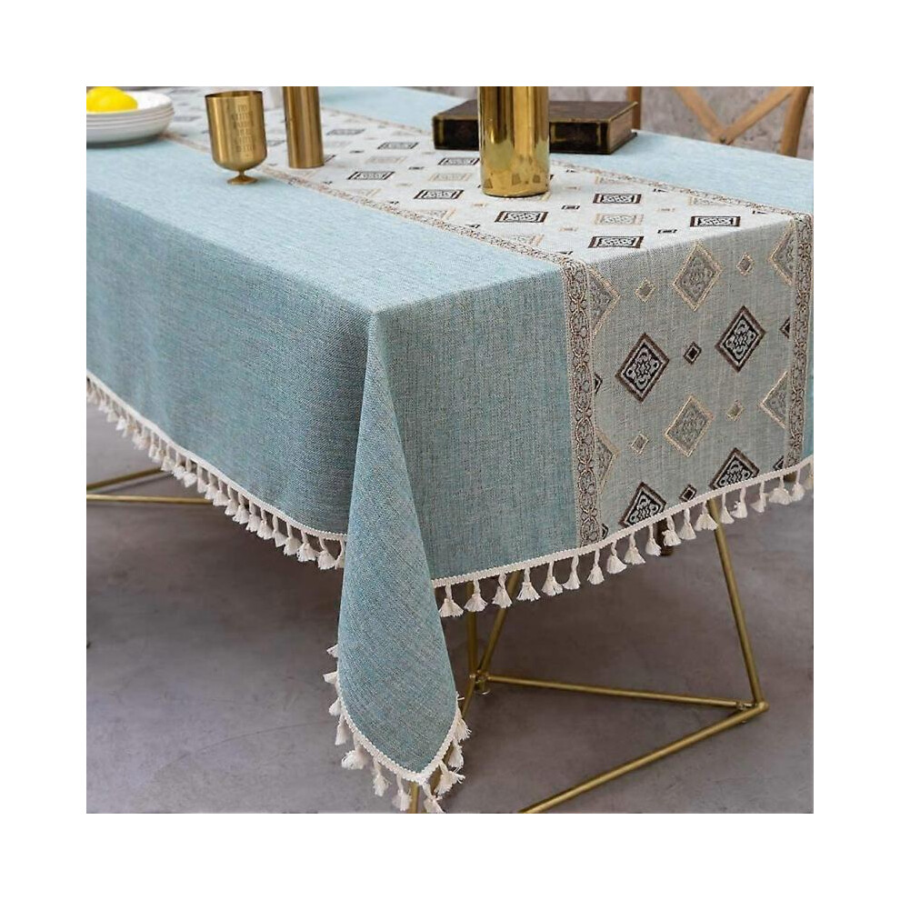 Tablecloth, Embroidered Table Cloth Cotton Linen Wrinkle Free Anti-Fading Tablecloths Washable Dust-Proof Table Cover , 55 x 86 Inch - Blue