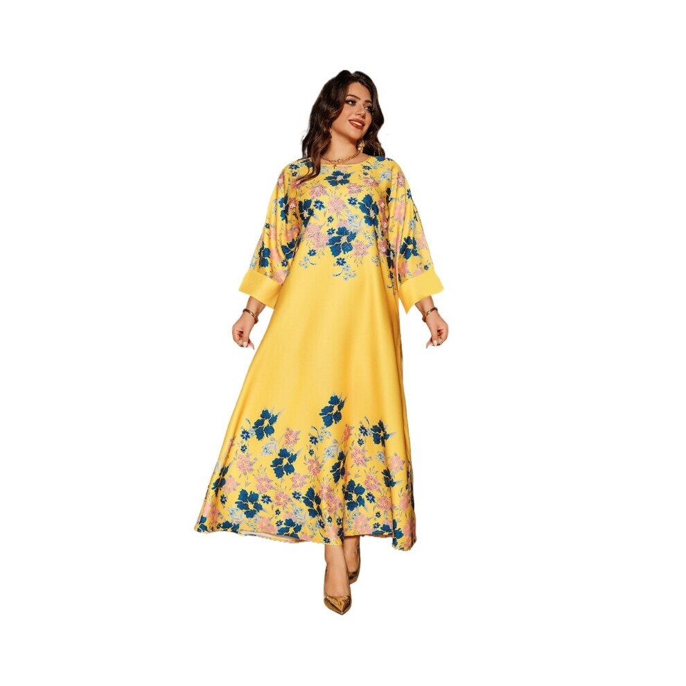 (XL, Yellow) Full Length Middle Eastern Robe Dress Flower Print Islamic Dress-image-OPC-PH5TRR6-NEW