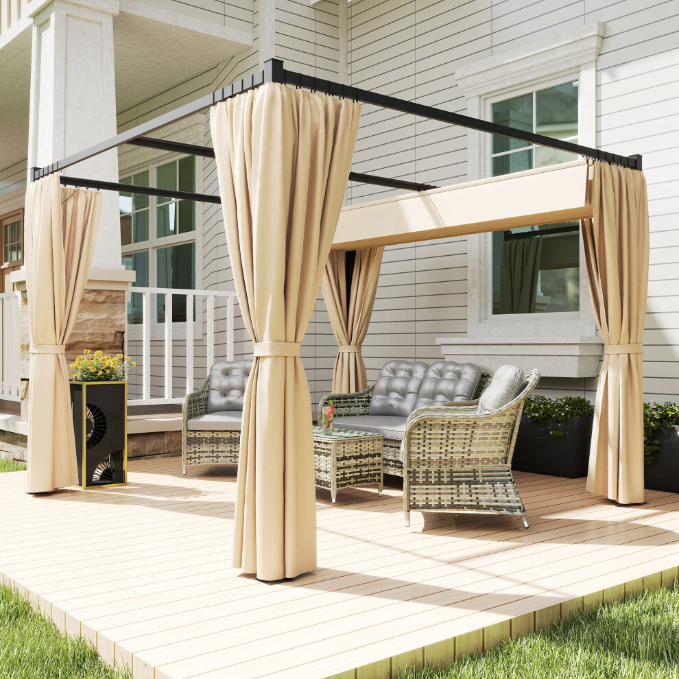 Outsunny 3 x 3(m) Pergola with Retractable Roof and Curtains, Khaki