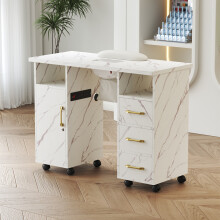Mobile Manicure Table with Built-in Dust Collector & Charging Station, Marble Pattern, 8-Wheel Mobility, Large Storage & Wrist Cushion