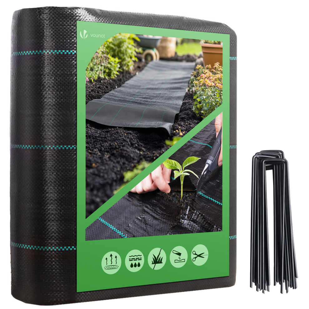Vounot 2X25m Weed Control Fabric With 50 Pegs, Heavy Duty Landscape Ground Cover Membrane, Black