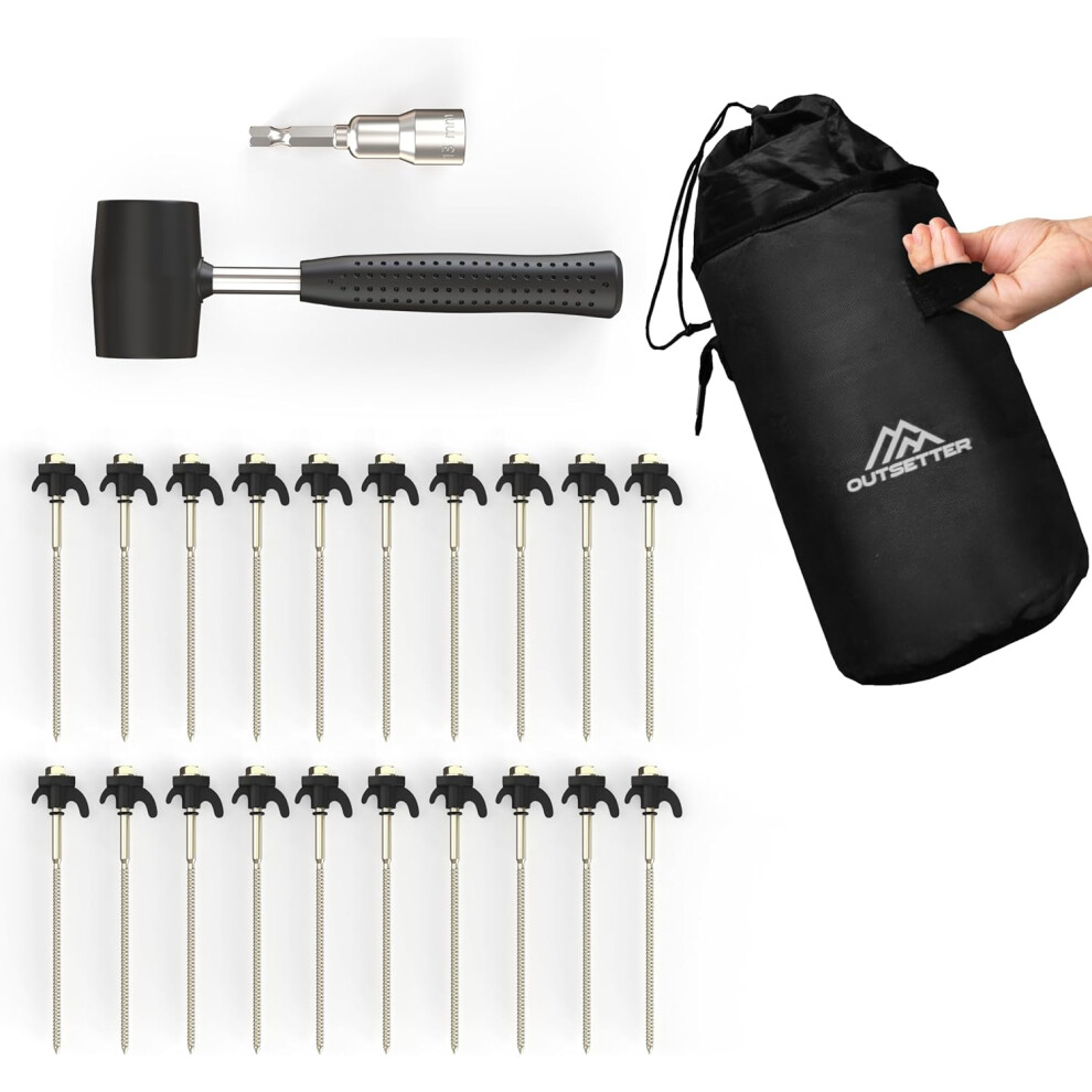 20x Tent Steel Pegs Rope Holder with Thread Mallet Bolt Adaptor Bag Gazebo Stake