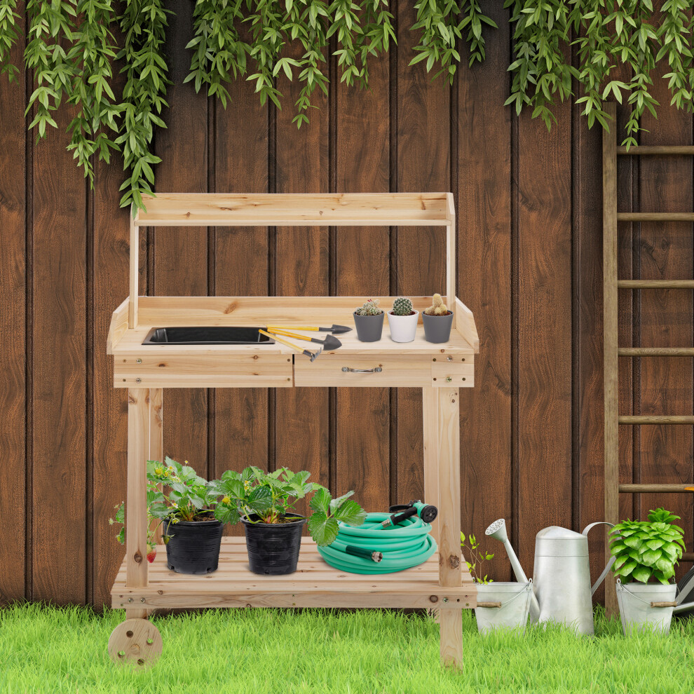 Outsunny Wood Potting Bench Work Table w/ 2 Wheels & Drawer, 92x45x119cm