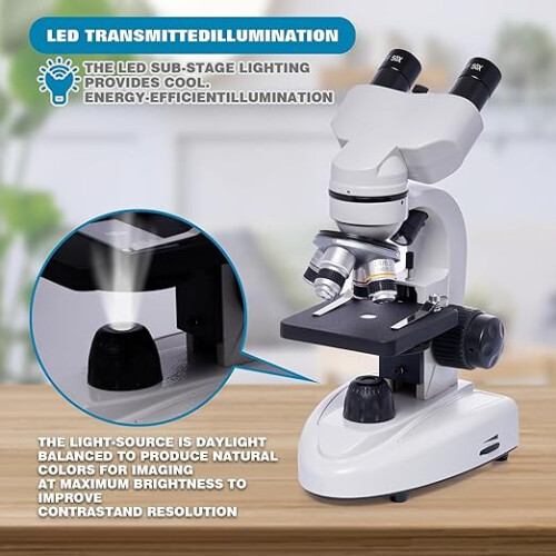 Binocular Microscopes, 200X-5,000X Compound Biological Microscopes With 6x Multiplier, Slides Set & Phone Adapter for Students 1