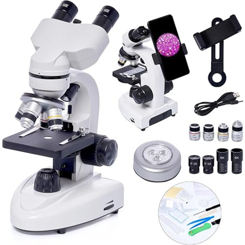 Binocular Microscopes, 200X-5,000X Compound Biological Microscopes With 6x Multiplier, Slides Set & Phone Adapter for Students