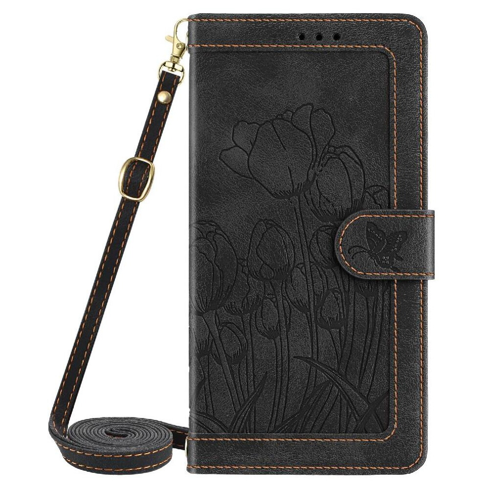 (Black) Fashion Wallet Case For Xiaomi Redmi Note 14 5G Tulip Embossed Flip Case Crossbody And Wrist Strap Pu Leather Magnetic Closure Kickstand Black 764563477920