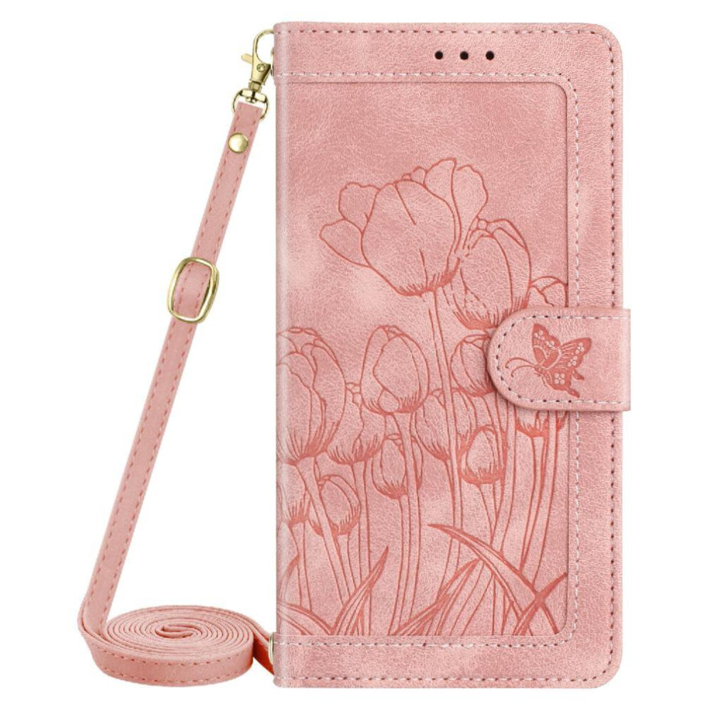 (Pink) Fashion Wallet Case For Xiaomi Redmi Note 14 5G Tulip Embossed Flip Case Crossbody And Wrist Strap Pu Leather Magnetic Closure Kickstand Pink 764563477876