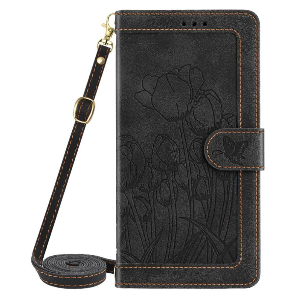 (Black) Fashion Wallet Case For Xiaomi Redmi Note 14 Pro 4G Tulip Embossed Flip Case Pu Leather Magnetic Closure Crossbody And Wrist Strap Kickstand Black 764563478118