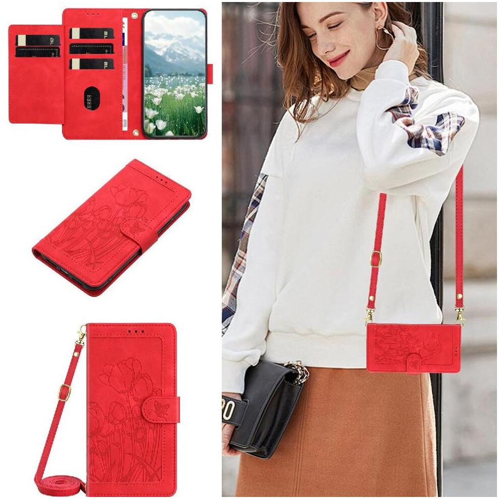 (Red) Fashion Wallet Case For Xiaomi Mi Note 14 4G Magnetic Closure Kickstand Pu Leather Crossbody And Wrist Strap Tulip Embossed Flip Case Red 764563477968