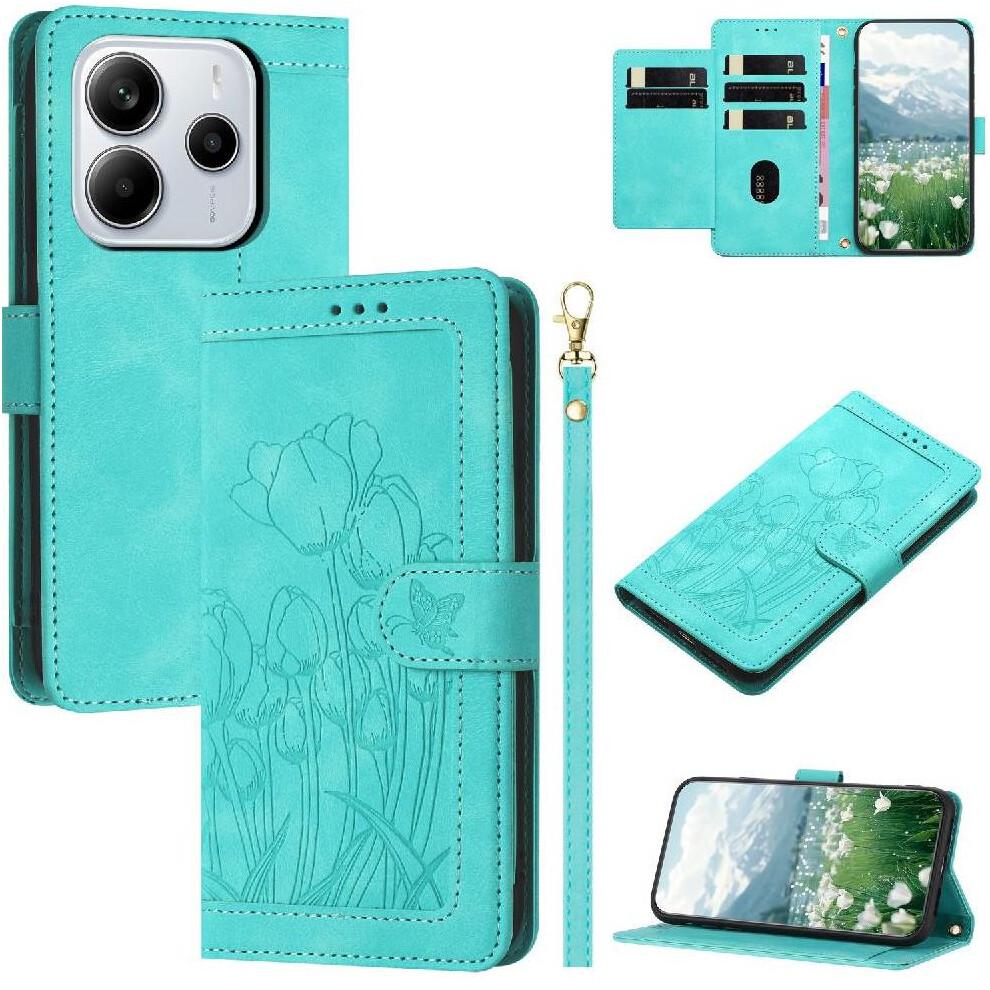 (Green) Fashion Wallet Case For Xiaomi Redmi Note 14 4G Magnetic Closure Kickstand Pu Leather Crossbody And Wrist Strap Tulip Embossed Flip Case Green 764563477944