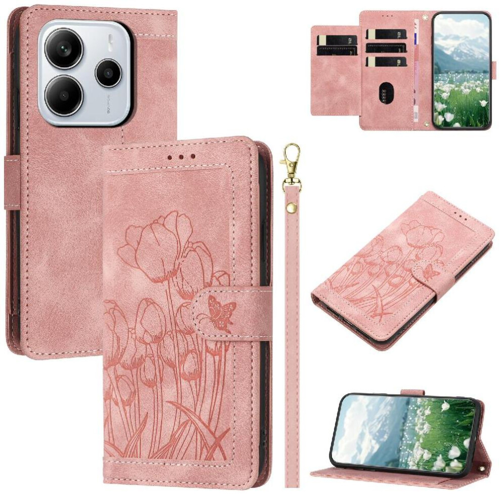 (Pink) Fashion Wallet Case For Xiaomi Redmi Note 14 4G Magnetic Closure Kickstand Pu Leather Crossbody And Wrist Strap Tulip Embossed Flip Case Pink 764563477937