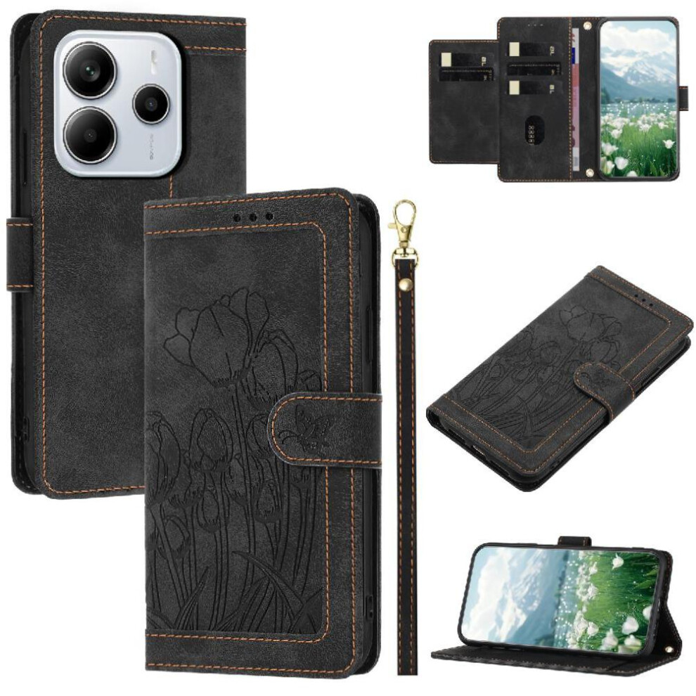 (Black) Fashion Wallet Case For Xiaomi Redmi Note 14 4G Magnetic Closure Kickstand Pu Leather Crossbody And Wrist Strap Tulip Embossed Flip Case Black 764563477982