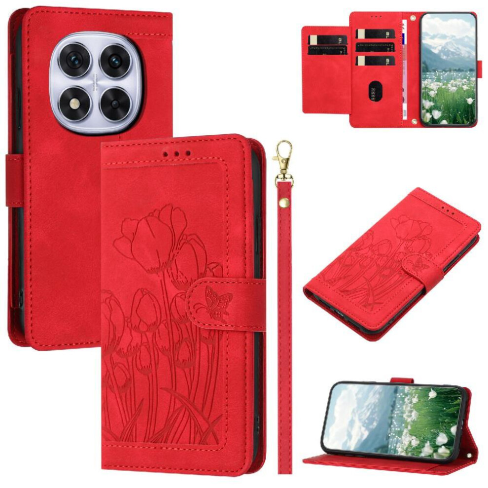 (Red) Fashion Wallet Case For Xiaomi Mi Note 14 Pro Plus 5G Kickstand Crossbody And Wrist Strap Tulip Embossed Flip Case Pu Leather Magnetic Closur Red 764563478156
