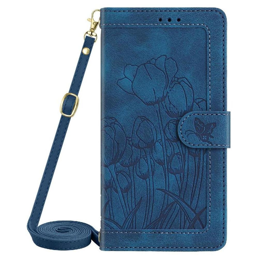(Blue) Fashion Wallet Case For Xiaomi Redmi Note 14 Pro Plus 5G Kickstand Crossbody And Wrist Strap Tulip Embossed Flip Case Pu Leather Magnetic Closu Blue 764563478163