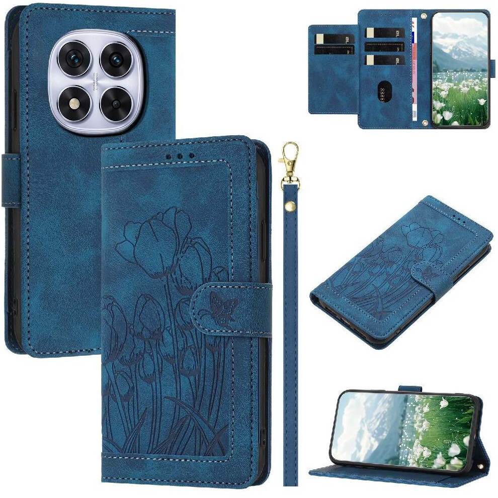 (Blue) Fashion Wallet Case For Xiaomi Redmi Note 14 Pro 5G Magnetic Closure Crossbody And Wrist Strap Tulip Embossed Flip Case Kickstand Pu Leather Blue 764563478361